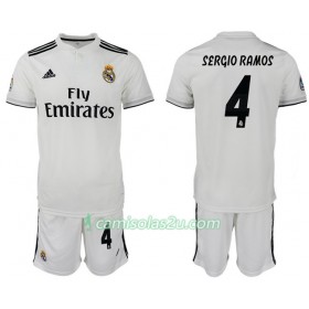 Camisolas de Futebol Real Madrid SERGIO RAMOS 4 Criança Equipamento Principal 2018/19 Manga Curta